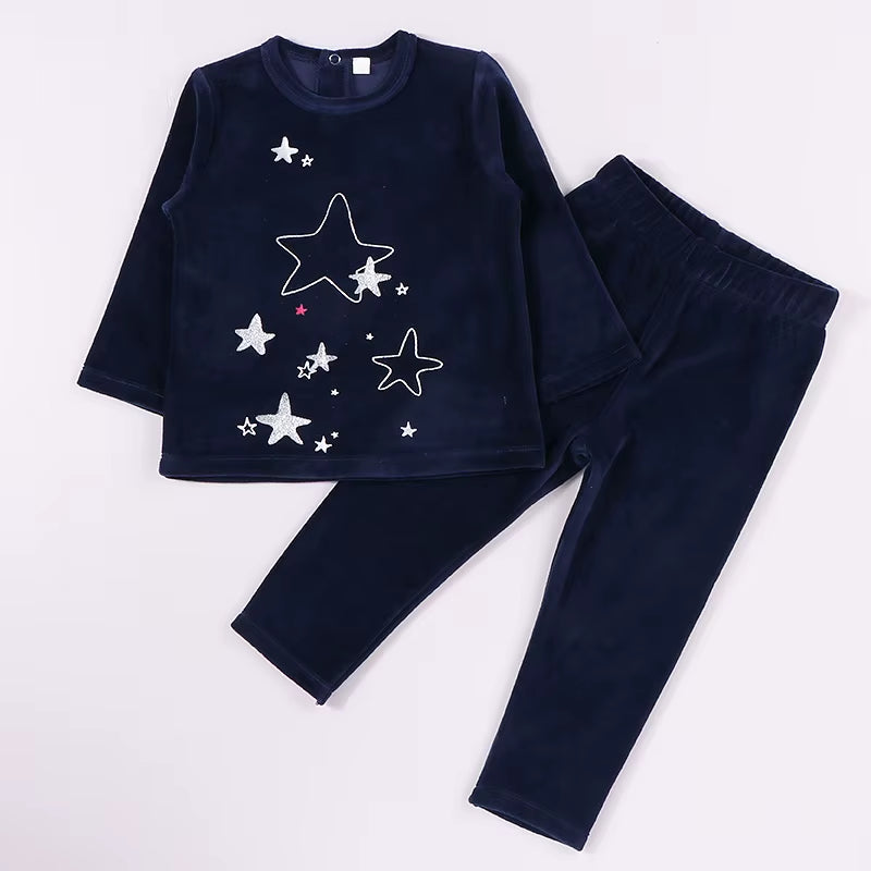 Children Clothes 2Pcs Set Velour Kids Clothes Baby Boy Clothes Girls Clothes round Neck Long Pants Heart Star Children Set 2-5T