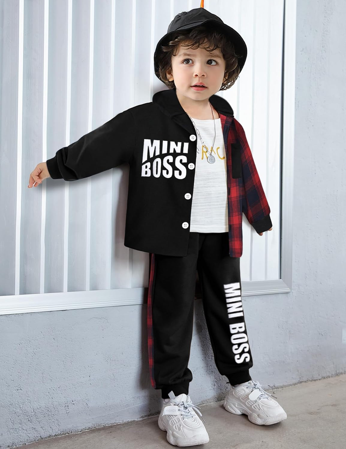 Toddler Boys' Plaid Button-Down Long Sleeve Hoodie and Letter Print Pants Set for Fall and Winter