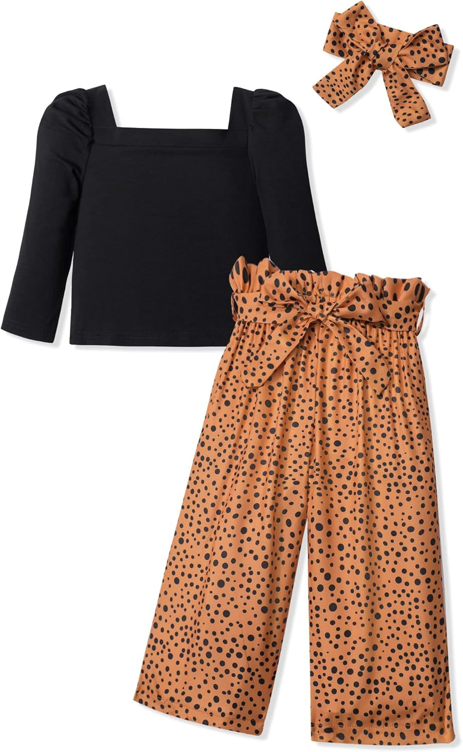Toddler Girls' 3-Piece Outfit Set: Square Neck Puff Sleeve Top, Striped Pants, and Headband