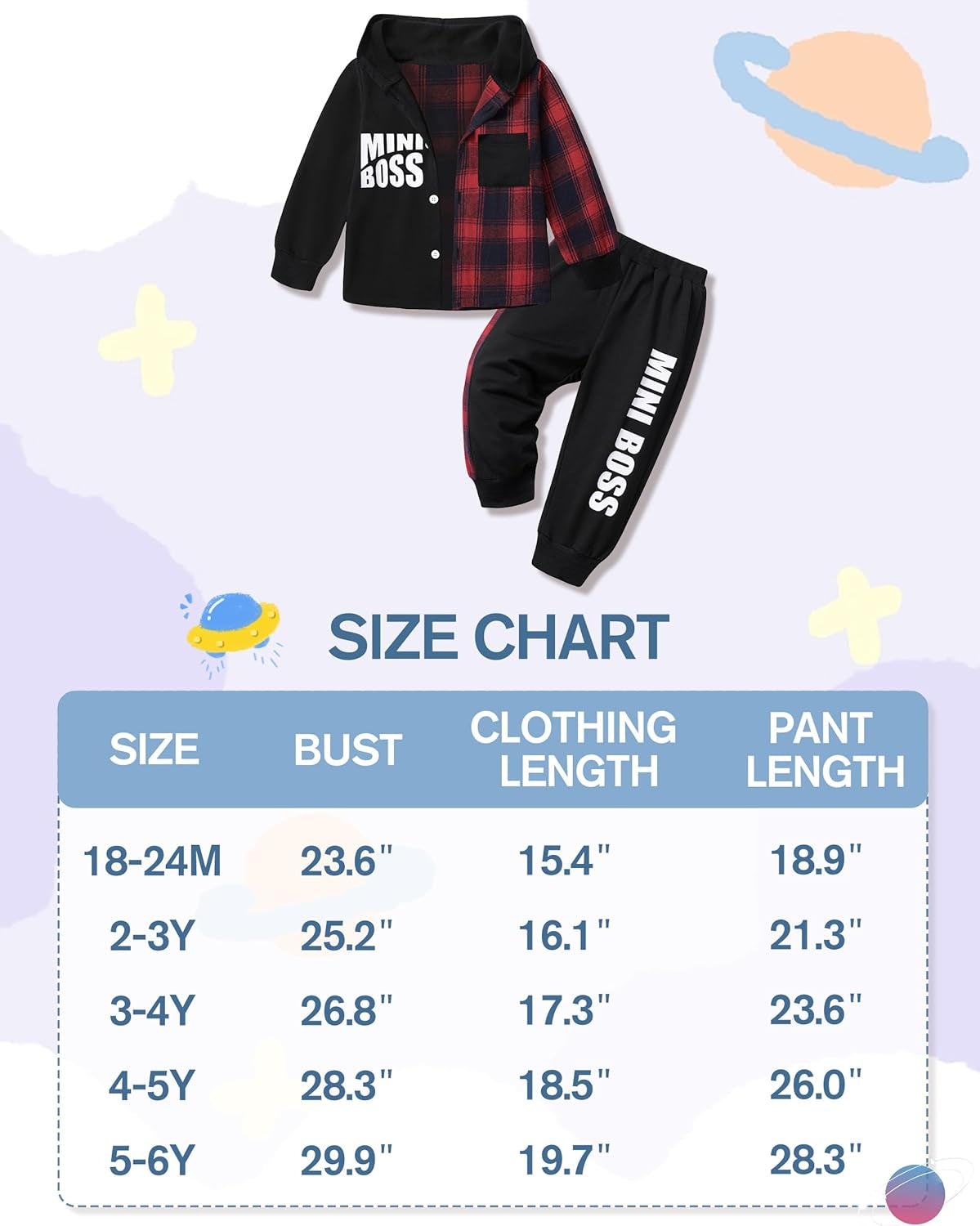 Toddler Boys' Plaid Button-Down Long Sleeve Hoodie and Letter Print Pants Set for Fall and Winter