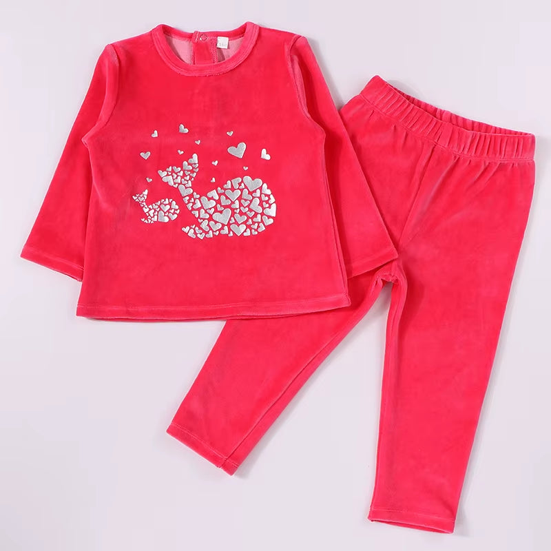 Children Clothes 2Pcs Set Velour Kids Clothes Baby Boy Clothes Girls Clothes round Neck Long Pants Heart Star Children Set 2-5T