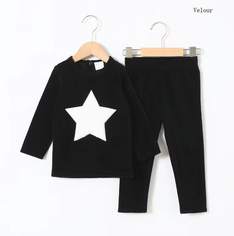 Children Clothes 2Pcs Set Velour Kids Clothes Baby Boy Clothes Girls Clothes round Neck Long Pants Heart Star Children Set 2-5T