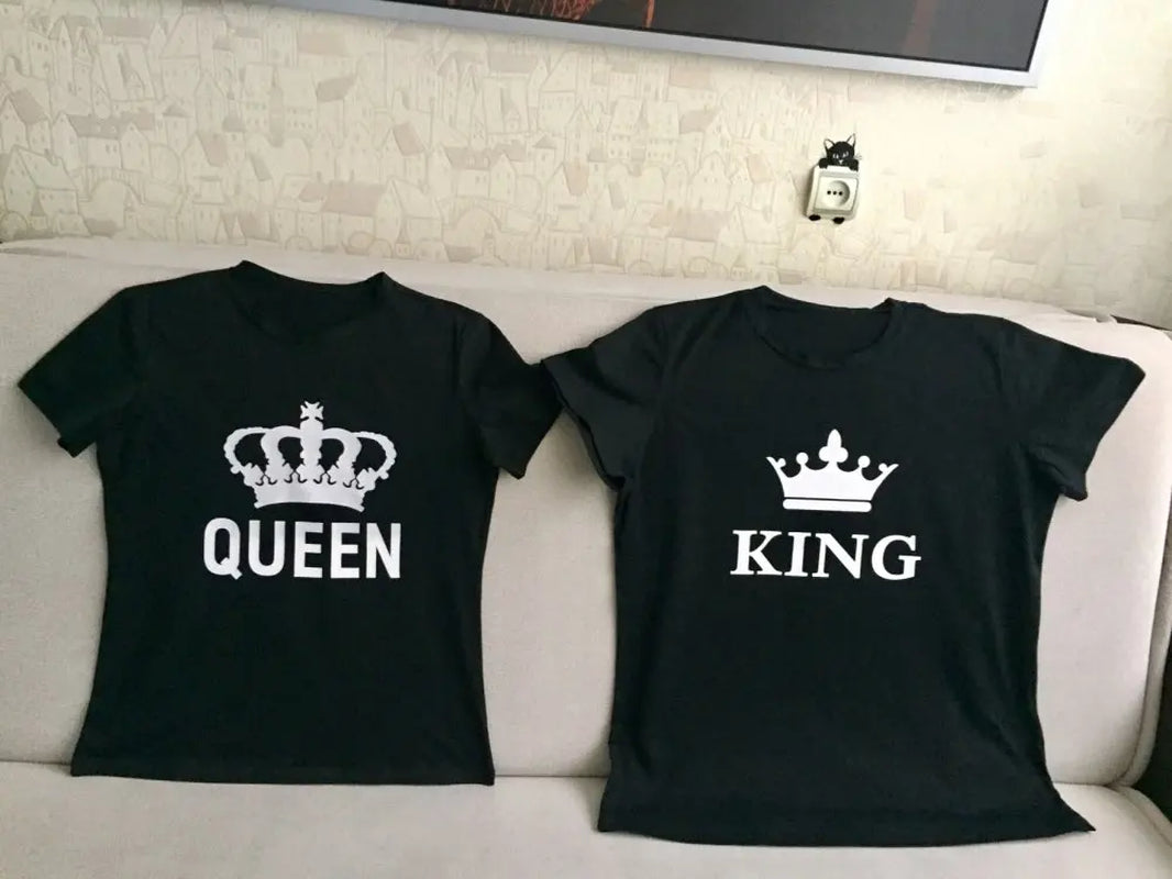 2024 NEW Funny KING QUEEN Letter Printed Black Tshirts  Summer Casual Cotton Short Sleeve Tees Tops Brand Loose Couple Tops