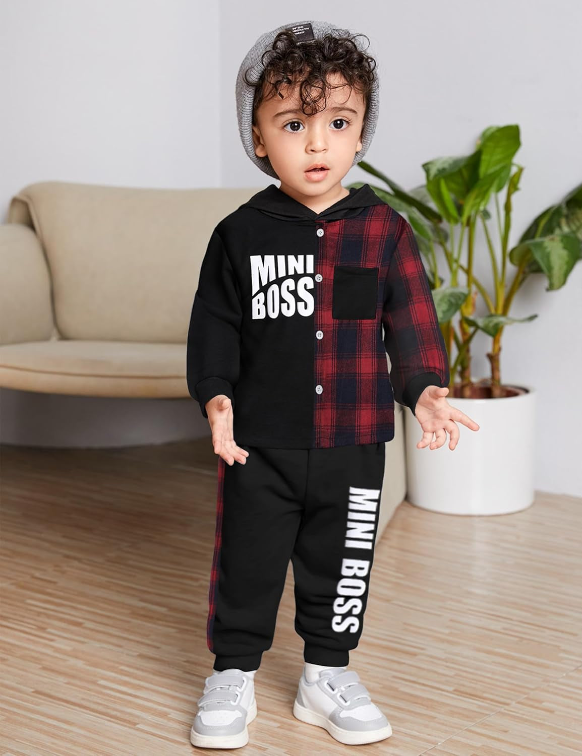 Toddler Boys' Plaid Button-Down Long Sleeve Hoodie and Letter Print Pants Set for Fall and Winter