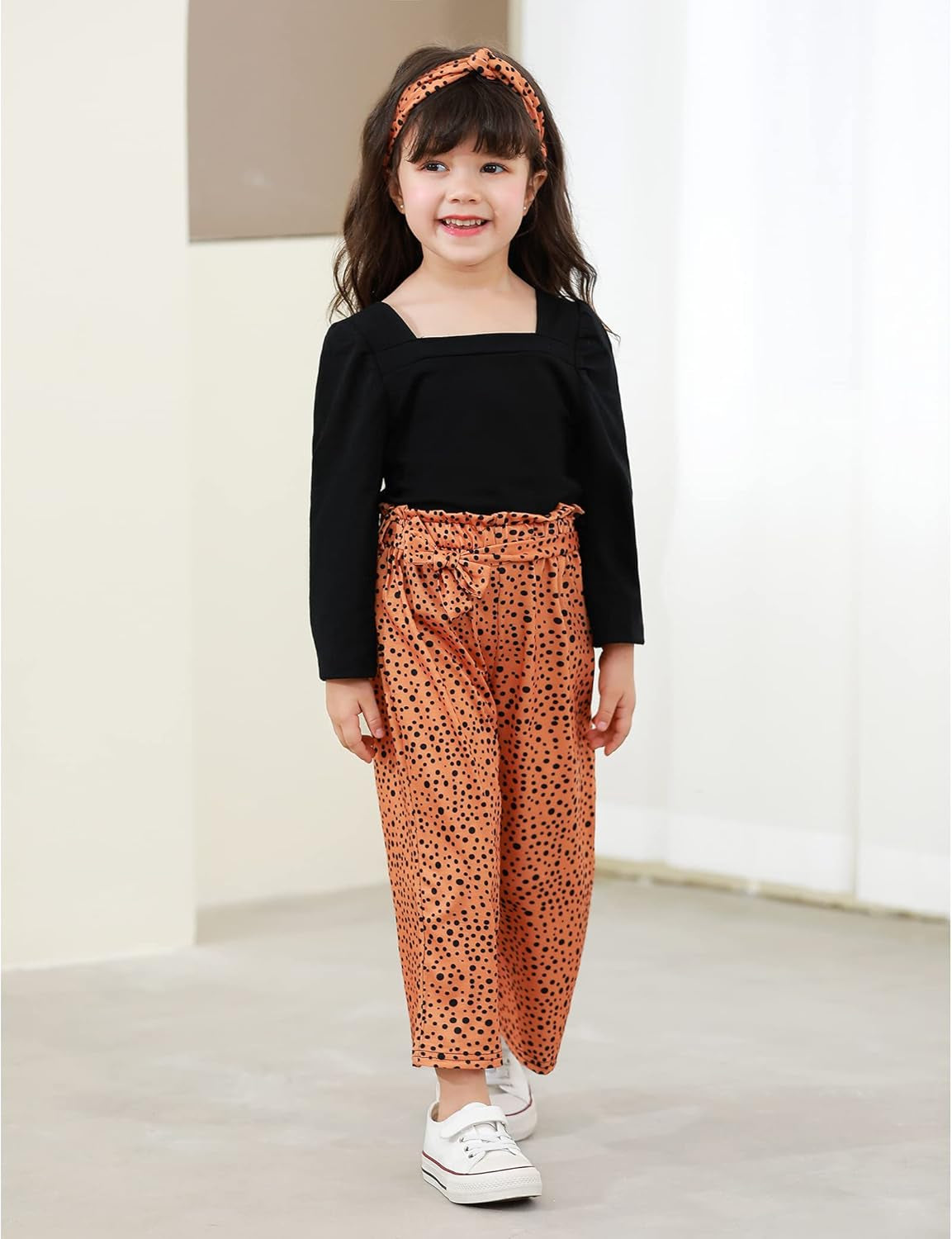 Toddler Girls' 3-Piece Outfit Set: Square Neck Puff Sleeve Top, Striped Pants, and Headband