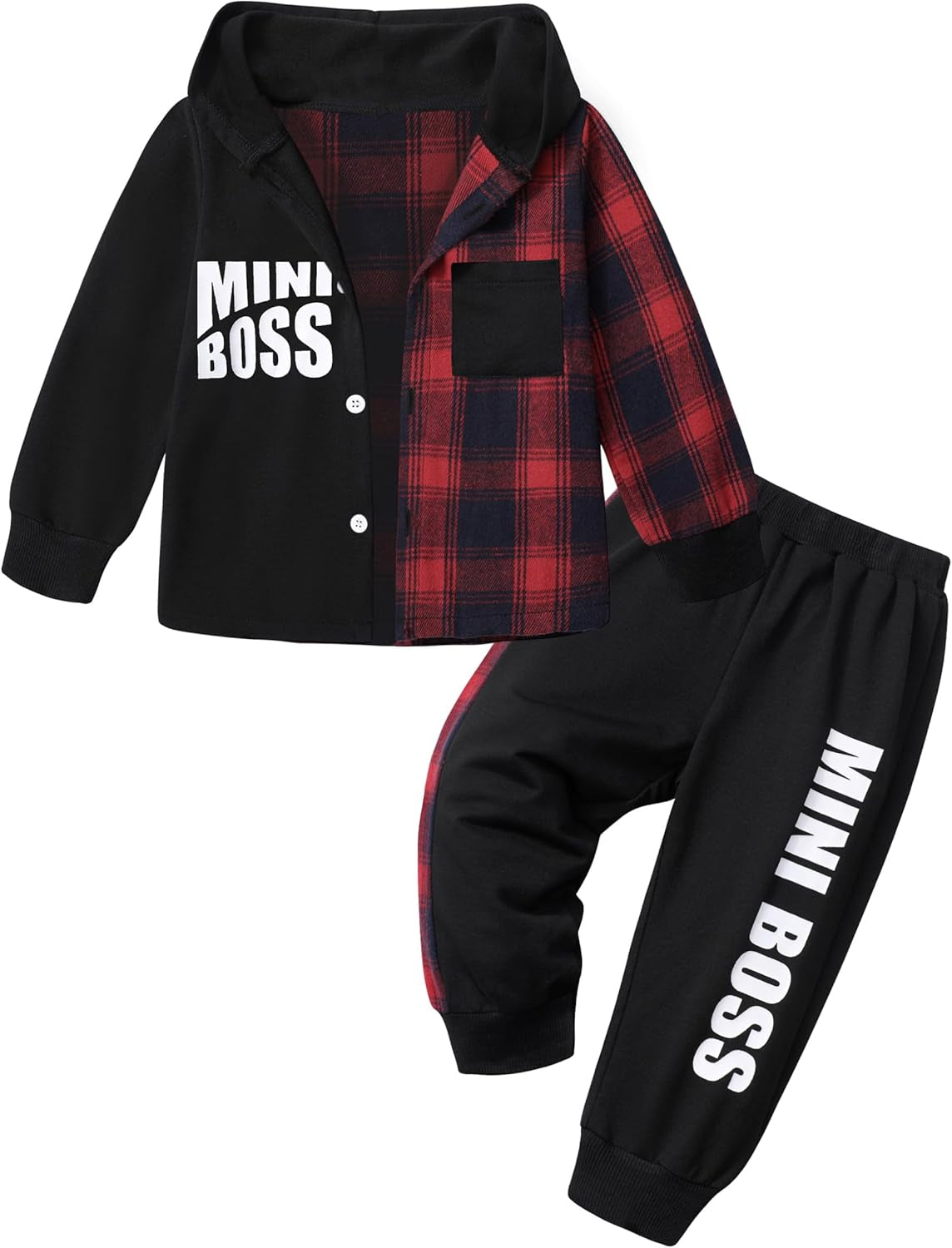 Toddler Boys' Plaid Button-Down Long Sleeve Hoodie and Letter Print Pants Set for Fall and Winter