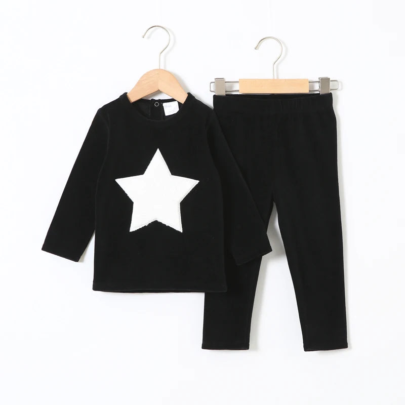 Children Clothes 2Pcs Set Velour Kids Clothes Baby Boy Clothes Girls Clothes round Neck Long Pants Heart Star Children Set 2-5T