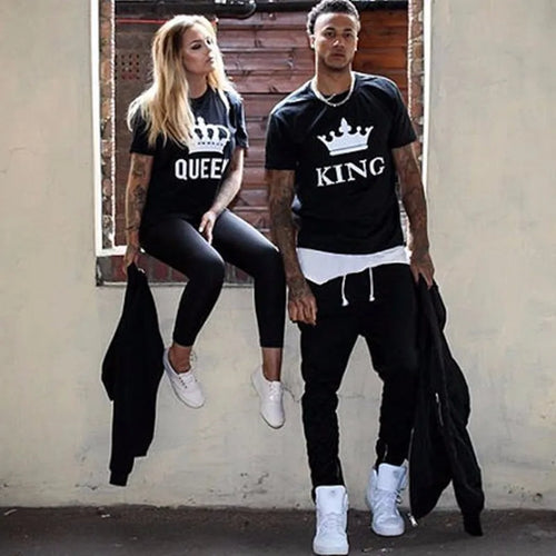2024 NEW Funny KING QUEEN Letter Printed Black Tshirts  Summer Casual Cotton Short Sleeve Tees Tops Brand Loose Couple Tops