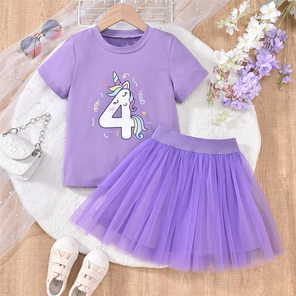 4Th Birthday Outfit Girl,4 Year Old Fourth Four Shirt Skirt Outfit for Toddler Girls