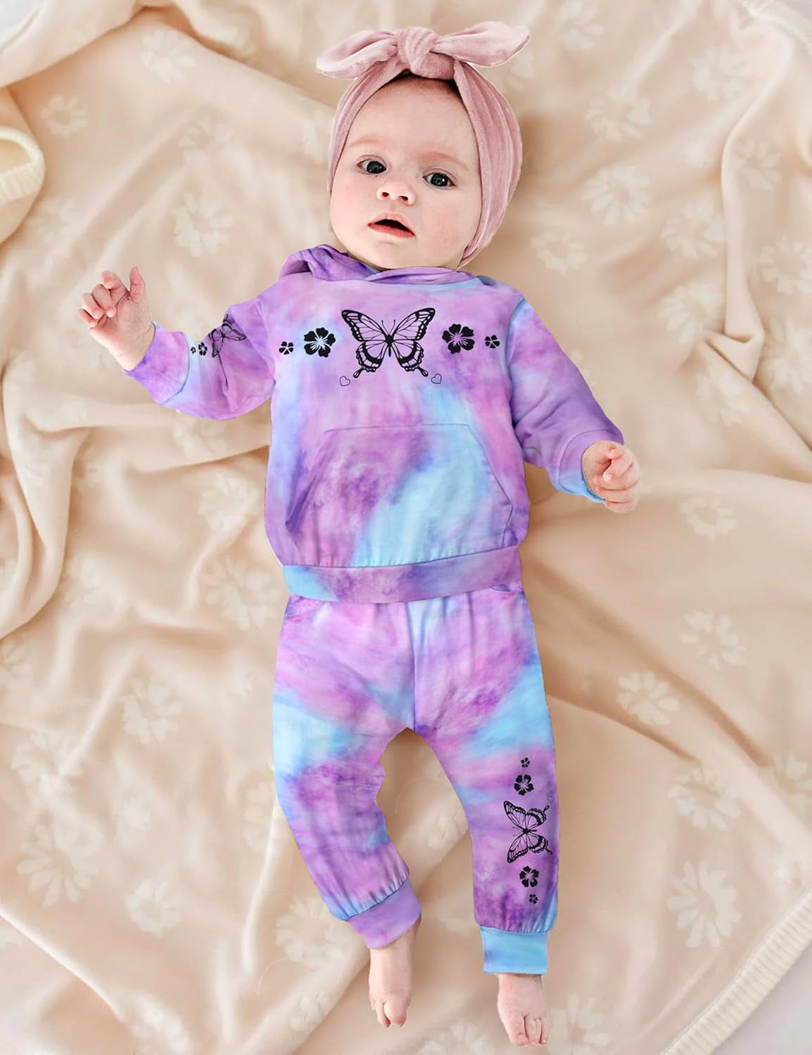 Infant Tie Dye Sweatsuit Set for Newborn Girls - Long Sleeve Hoodie and Pants for Fall and Winter