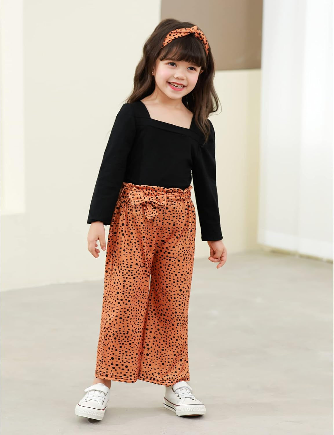 Toddler Girls' 3-Piece Outfit Set: Square Neck Puff Sleeve Top, Striped Pants, and Headband